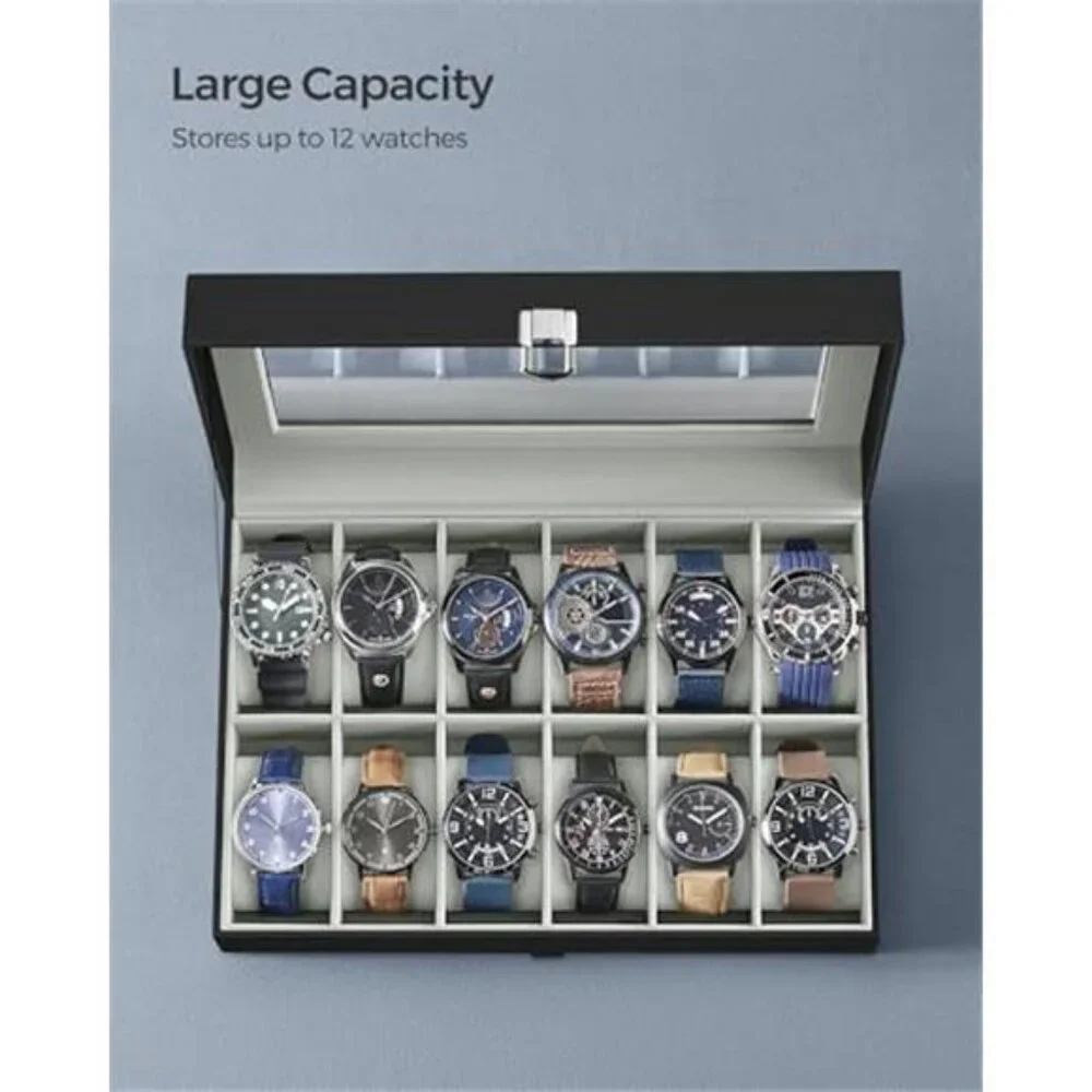 Watch Box, 12-Slot Watch Case Organizer with Large Glass Lid